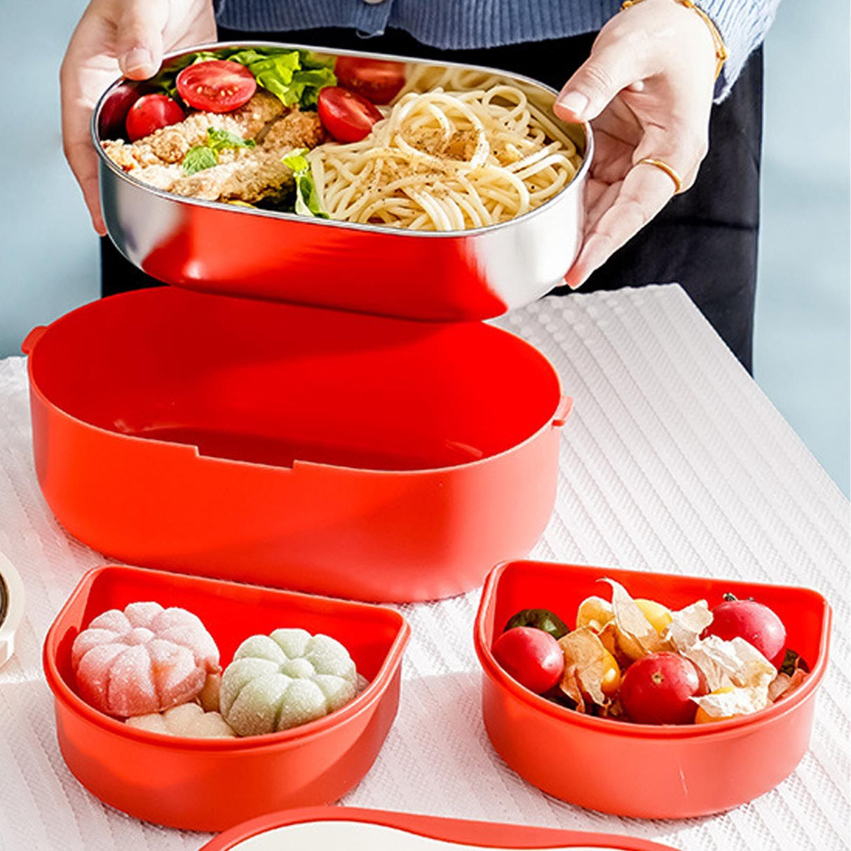 Lunch Box 2 Tier 3 Compartment Large Capacity Microwavable Cute Portable Bento Lunch Box Red