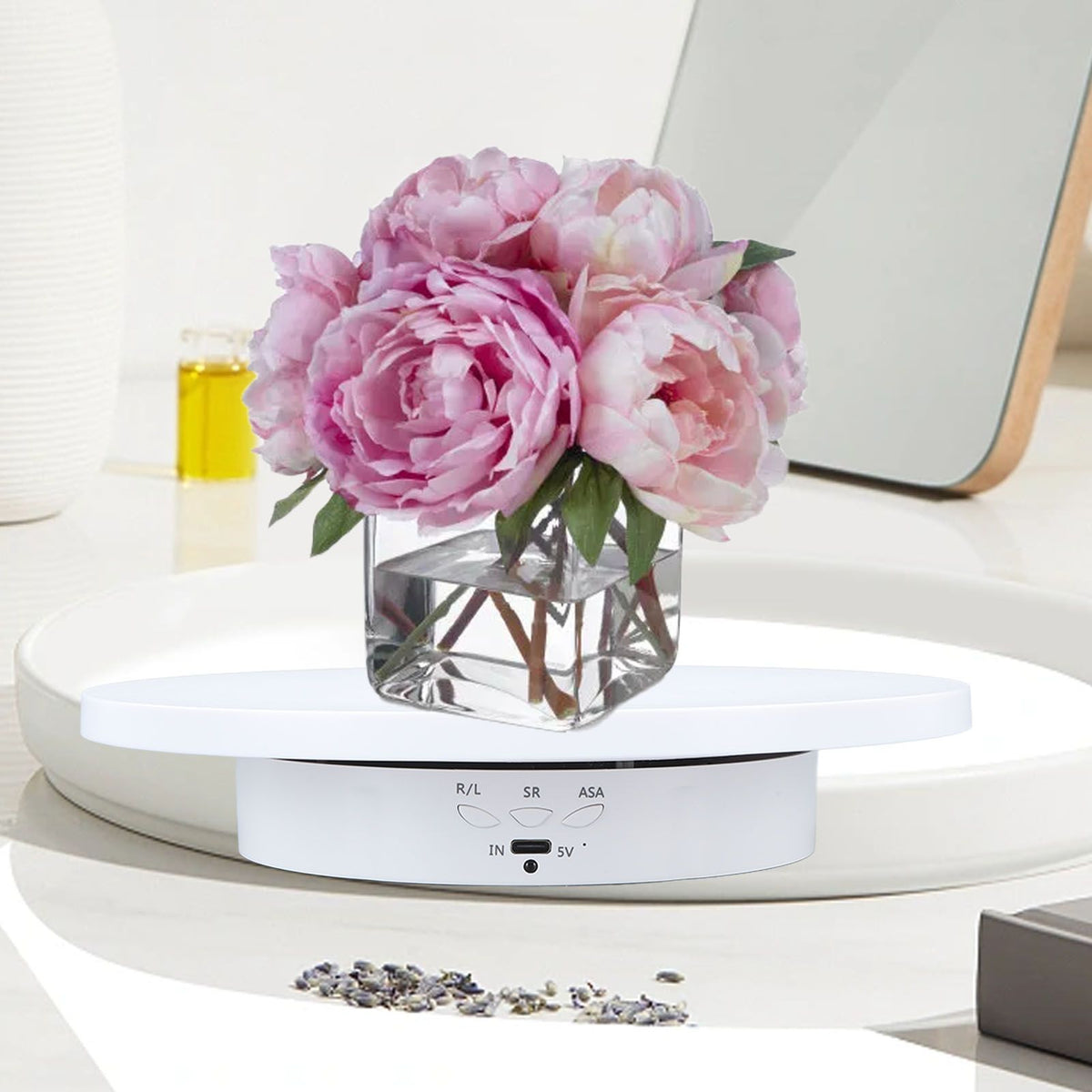 Electric Rotating Turntable 2 in 1 Smart Remote Control Jewelry Display Tray Live Streaming Ornaments Display Stand 5V White