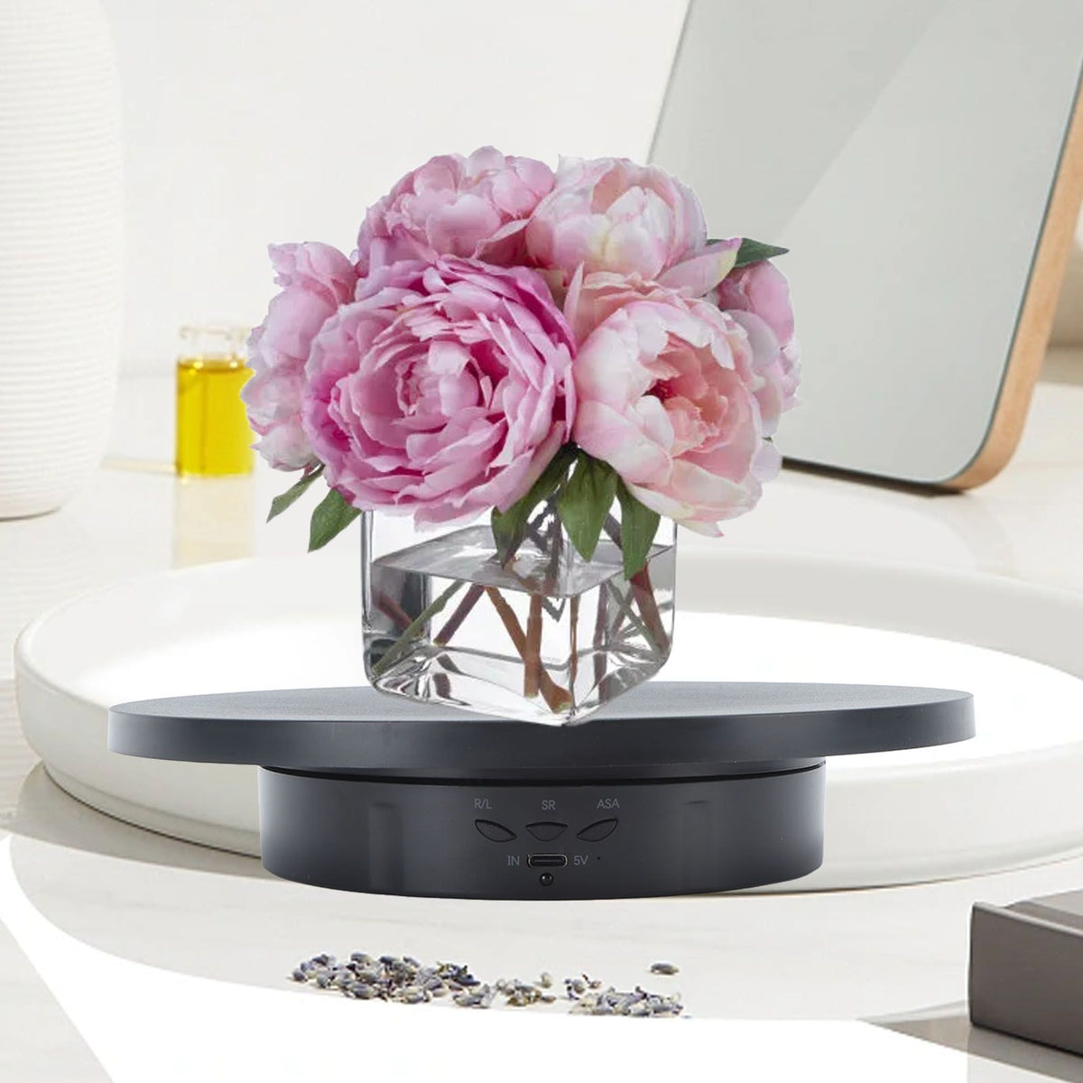 Electric Rotating Turntable 2 in 1 Smart Remote Control Jewelry Display Tray Live Streaming Ornaments Display Stand 5V Black