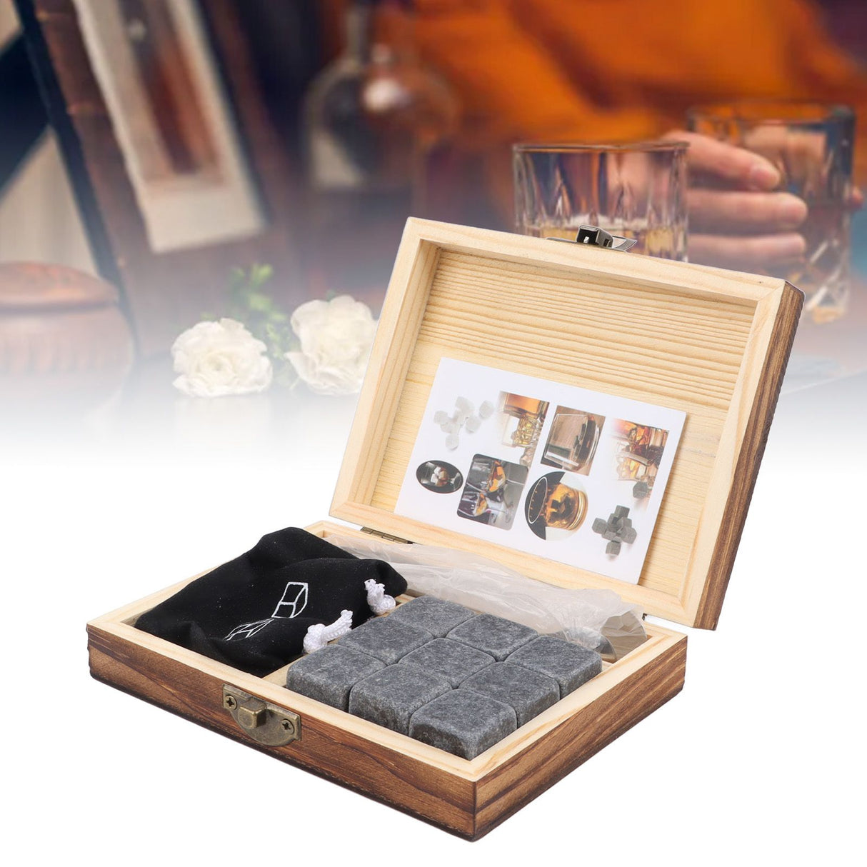 Whiskey Stone Black Multifunctional Portable Chilling Cooler Rocks with Tweezers Storage Box For Drinking Gift