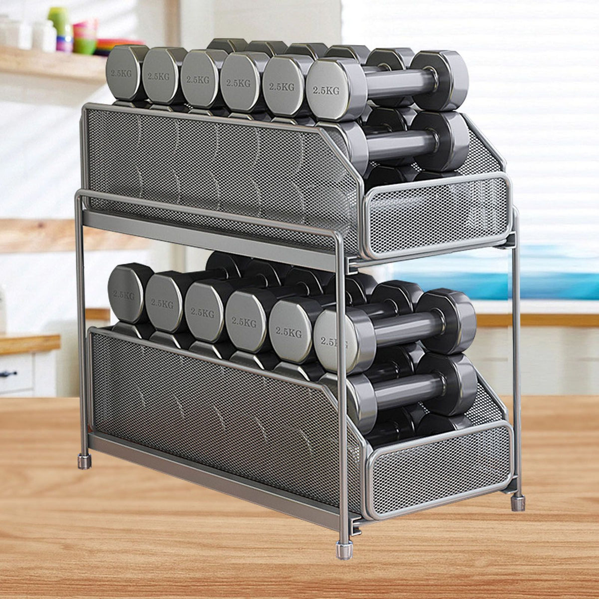 Pull Out Cabinet Organizer 2 Tier Carbon Steel Mesh Large Capacity Easy Maintenance Sliding Basket Drawer Silver