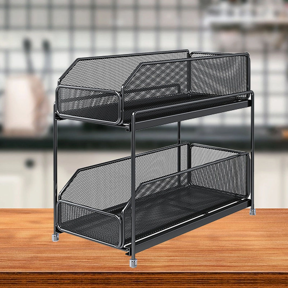 Pull Out Cabinet Organizer 2 Tier Carbon Steel Mesh Large Capacity Easy Maintenance Sliding Basket Drawer Black