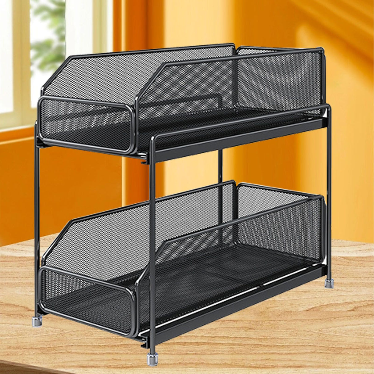 Pull Out Cabinet Organizer 2 Tier Carbon Steel Mesh Large Capacity Easy Maintenance Sliding Basket Drawer Black