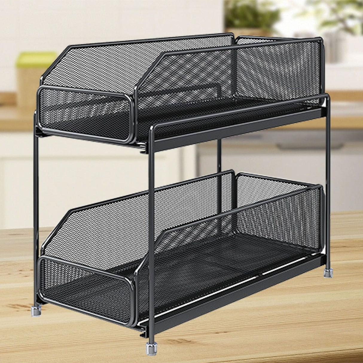 Pull Out Cabinet Organizer 2 Tier Carbon Steel Mesh Large Capacity Easy Maintenance Sliding Basket Drawer Black