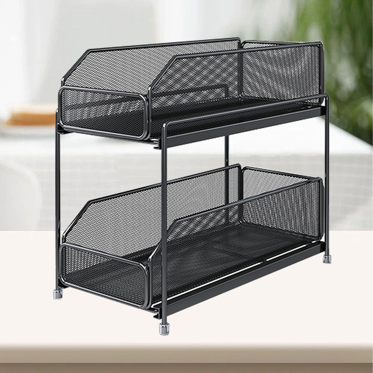 Pull Out Cabinet Organizer 2 Tier Carbon Steel Mesh Large Capacity Easy Maintenance Sliding Basket Drawer Black