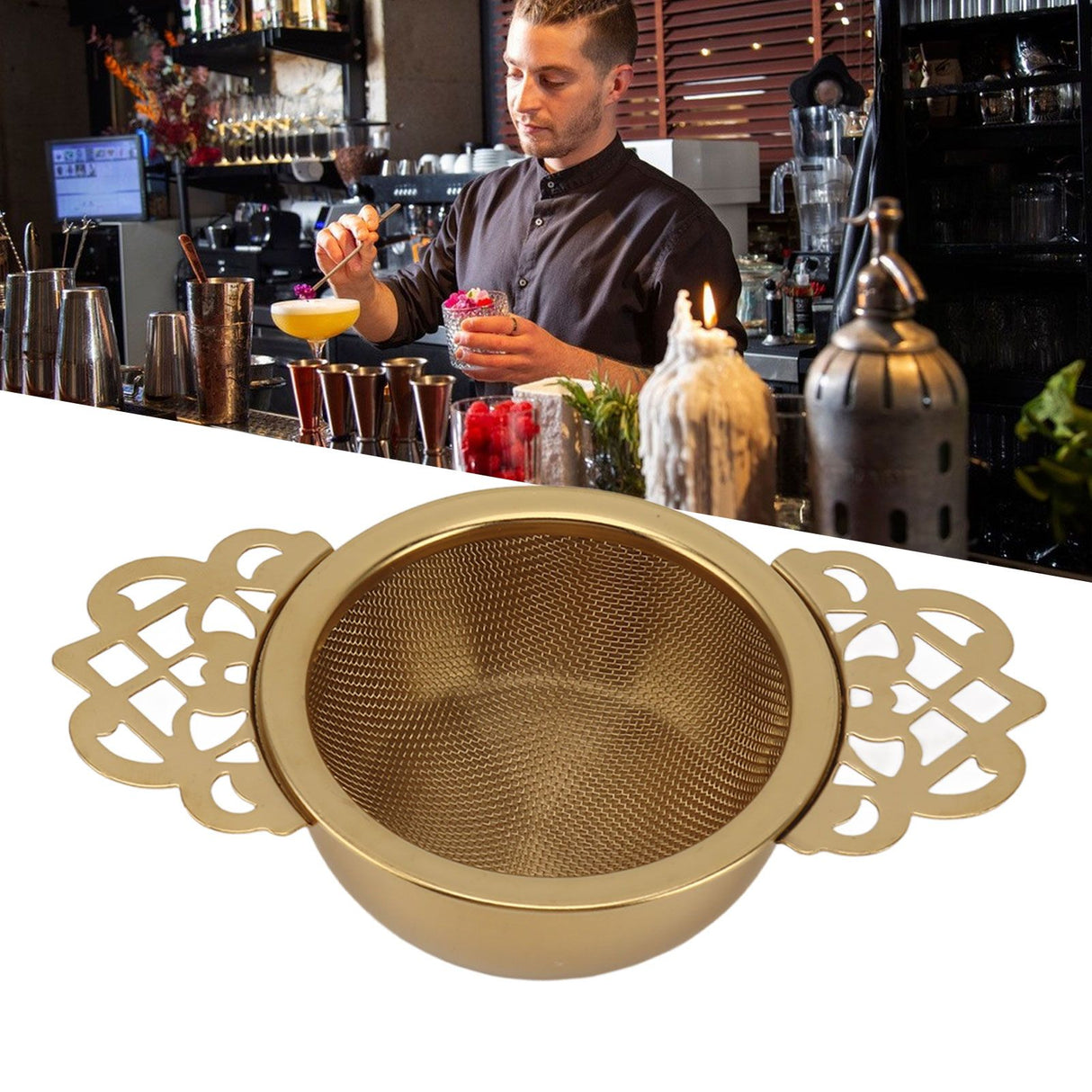 Stainless Steel Tea Strainers with Drip Bowl Double Handles Reusable Fine Mesh Tea Filters for Loose Leaf Herbal Kitchen Gold