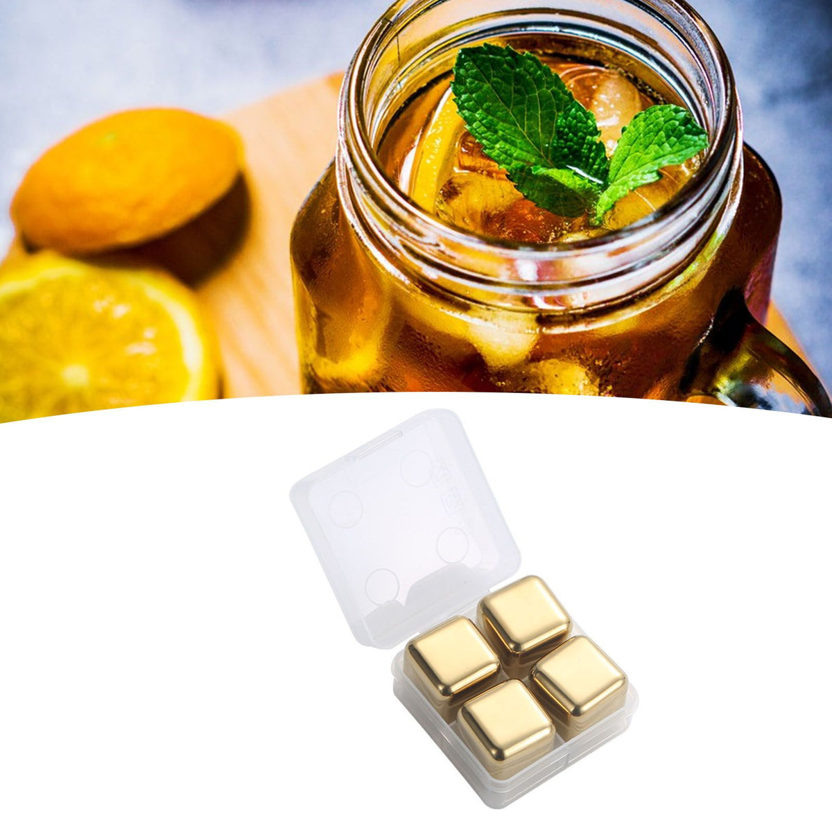 Metal Ice Cubes Stainless Steel Reusable Quick Chilling Clean Whiskey Stone with Ice Tong for Drink Beverage Golden
