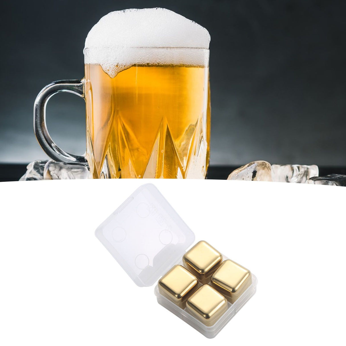 Metal Ice Cubes Stainless Steel Reusable Quick Chilling Clean Whiskey Stone with Ice Tong for Drink Beverage Golden