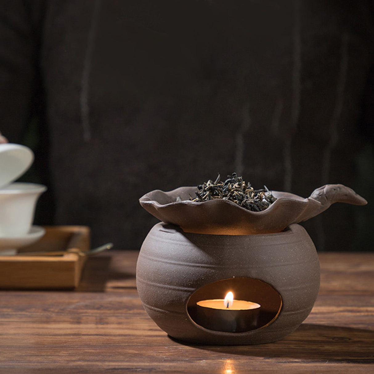 Ceramic Tea Roaster Loose Leaf Tea Warmer Tea Fragrance Roasting Baking Pot with Stainless Steel Spoon