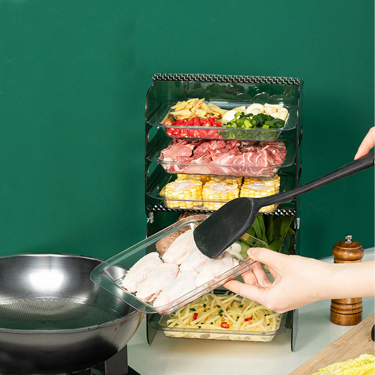 Multi Layer Food Tray Multifunctional Strong Capacity Durable Vegetable Fruit Preparation Plate 6 Layer Green