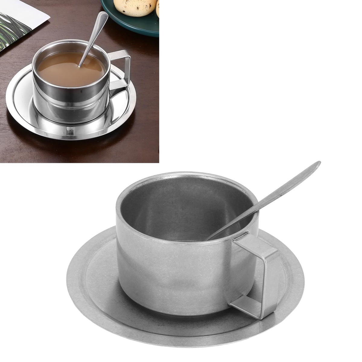 Insulated Coffee Cup Set Double Layer 304 Stainless Steel Coffee Mug with Saucer and Scoop for Home Camping Office 200ML