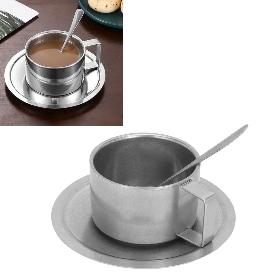 Insulated Coffee Cup Set Double Layer 304 Stainless Steel Coffee Mug with Saucer and Scoop for Home Camping Office 200ML