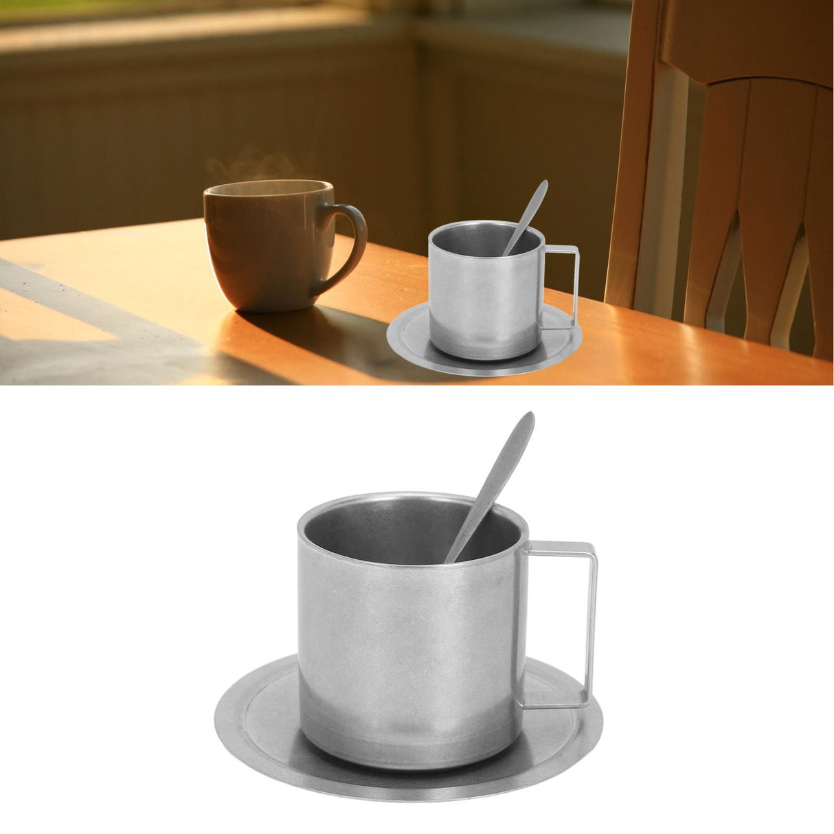 Insulated Coffee Cup Set Double Layer 304 Stainless Steel Coffee Mug with Saucer and Scoop for Home Camping Office 280ML