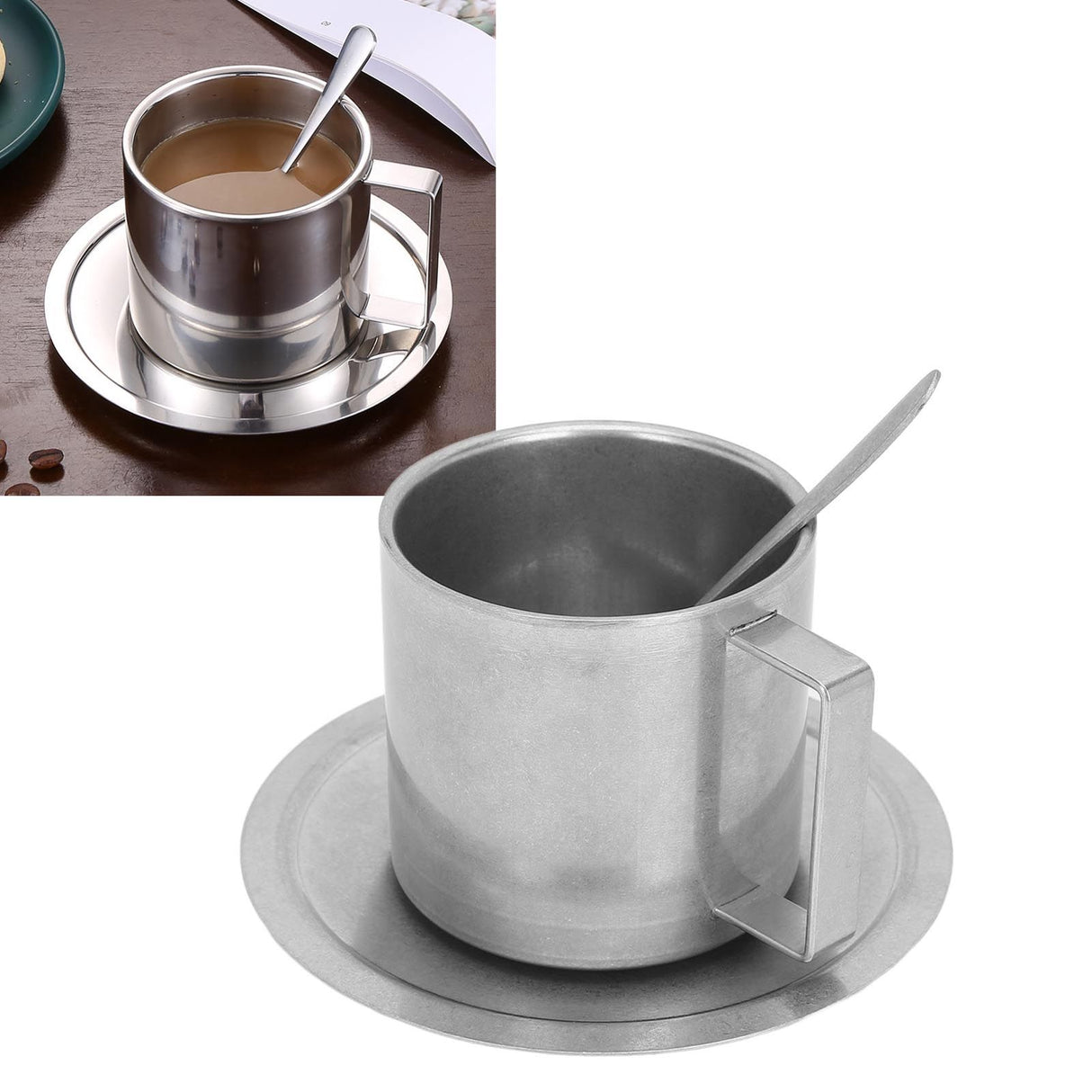 Insulated Coffee Cup Set Double Layer 304 Stainless Steel Coffee Mug with Saucer and Scoop for Home Camping Office 280ML