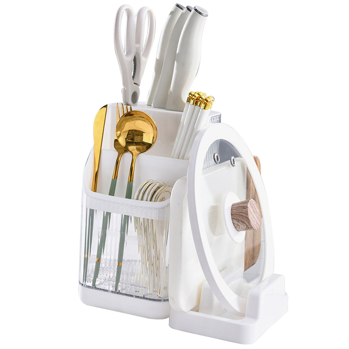 Multifunctional Kitchen Storage Rack Kitchen Countertop Cutting Board Pot Cover Chopsticks Forks Spoons Holder Pearl White