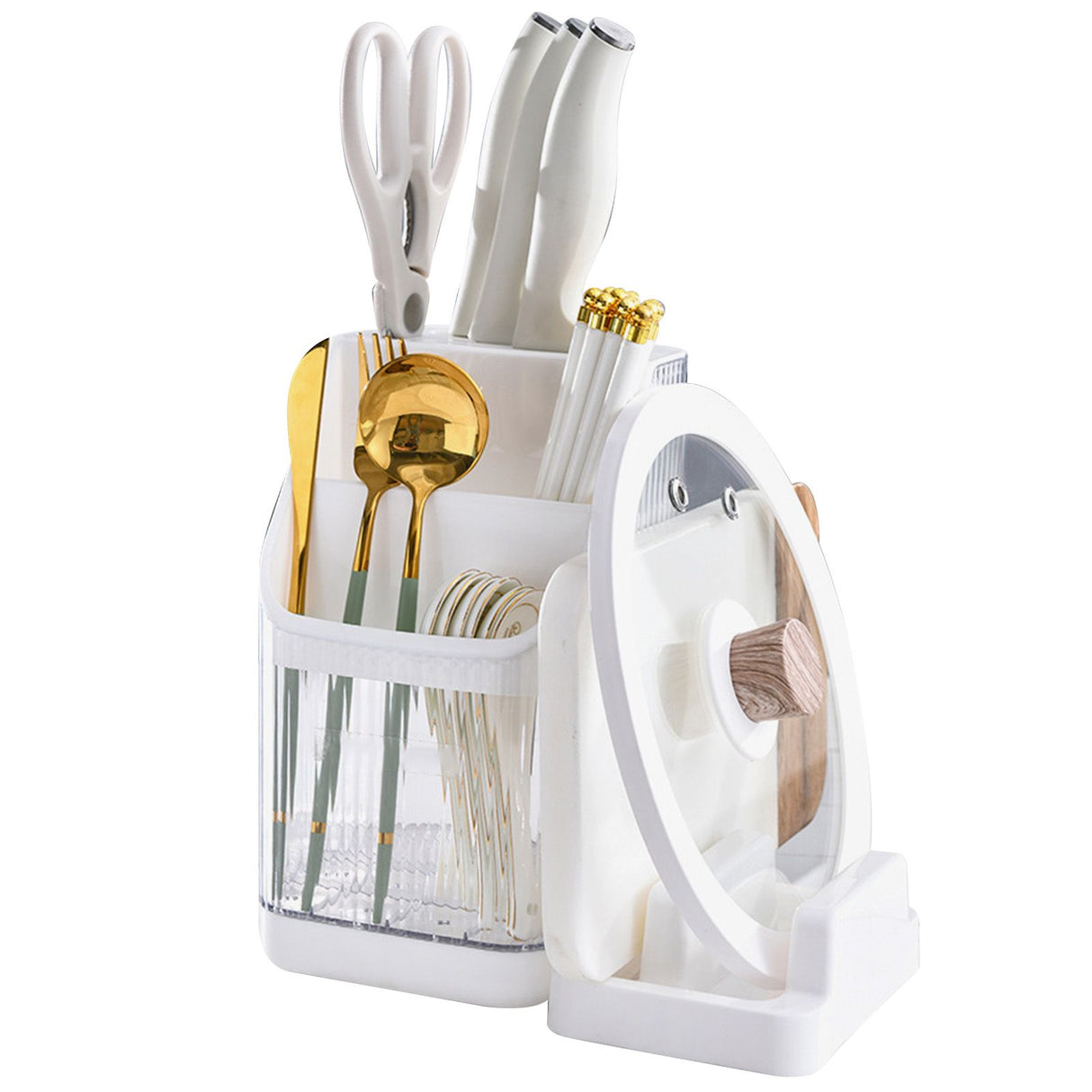 Multifunctional Kitchen Storage Rack Kitchen Countertop Cutting Board Pot Cover Chopsticks Forks Spoons Holder Pearl White