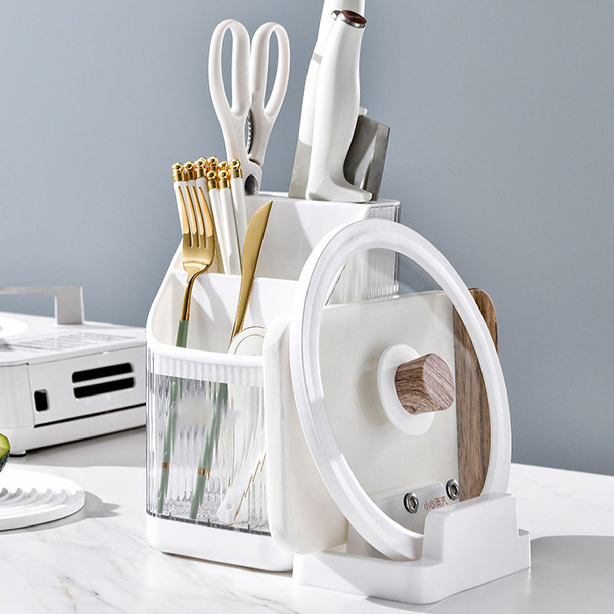 Multifunctional Kitchen Storage Rack Kitchen Countertop Cutting Board Pot Cover Chopsticks Forks Spoons Holder Pearl White