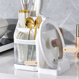 Multifunctional Kitchen Storage Rack Kitchen Countertop Cutting Board Pot Cover Chopsticks Forks Spoons Holder Pearl White