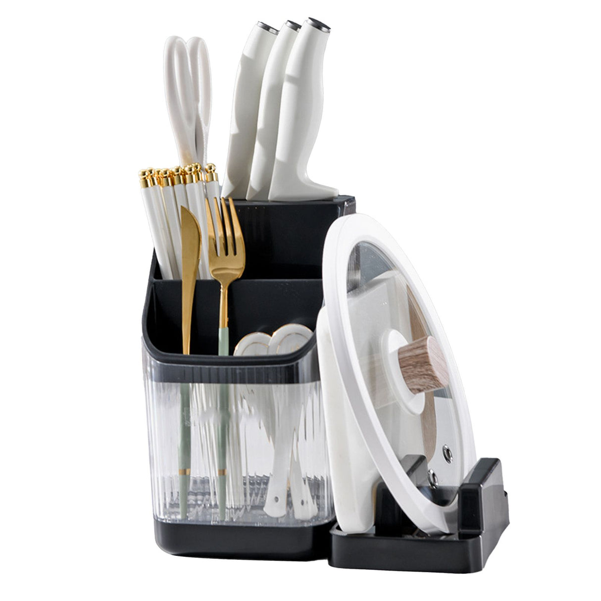 Multifunctional Kitchen Storage Rack Kitchen Countertop Cutting Board Pot Cover Chopsticks Forks Spoons Holder Advanced Black