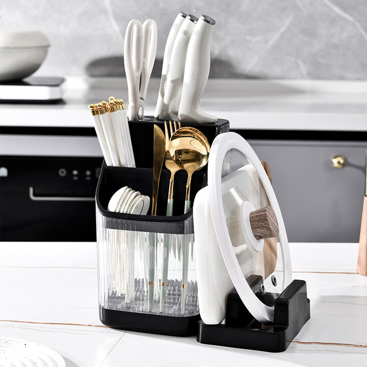 Multifunctional Kitchen Storage Rack Kitchen Countertop Cutting Board Pot Cover Chopsticks Forks Spoons Holder Advanced Black