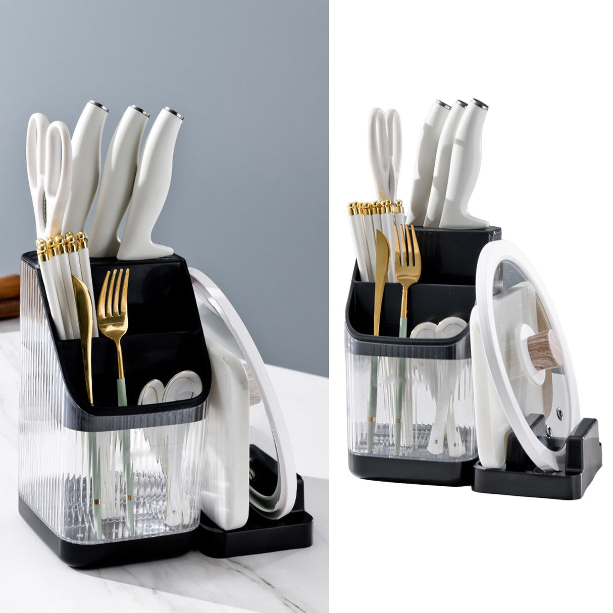 Multifunctional Kitchen Storage Rack Kitchen Countertop Cutting Board Pot Cover Chopsticks Forks Spoons Holder Advanced Black