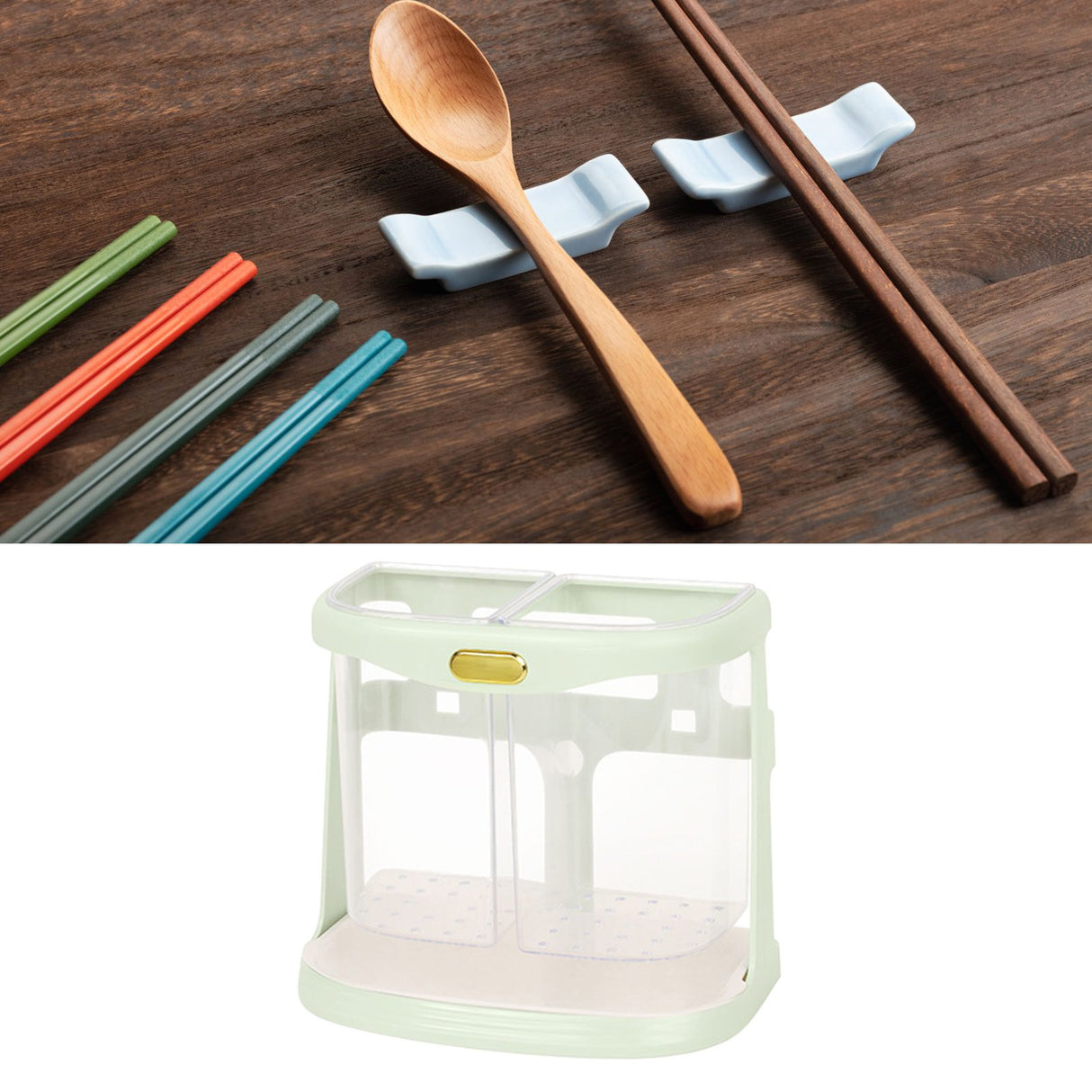 Chopsticks Drain Bucket Wall Mounted Double Compartment Hole Free Chopsticks Tube Basket for Forks Spoon Light Green