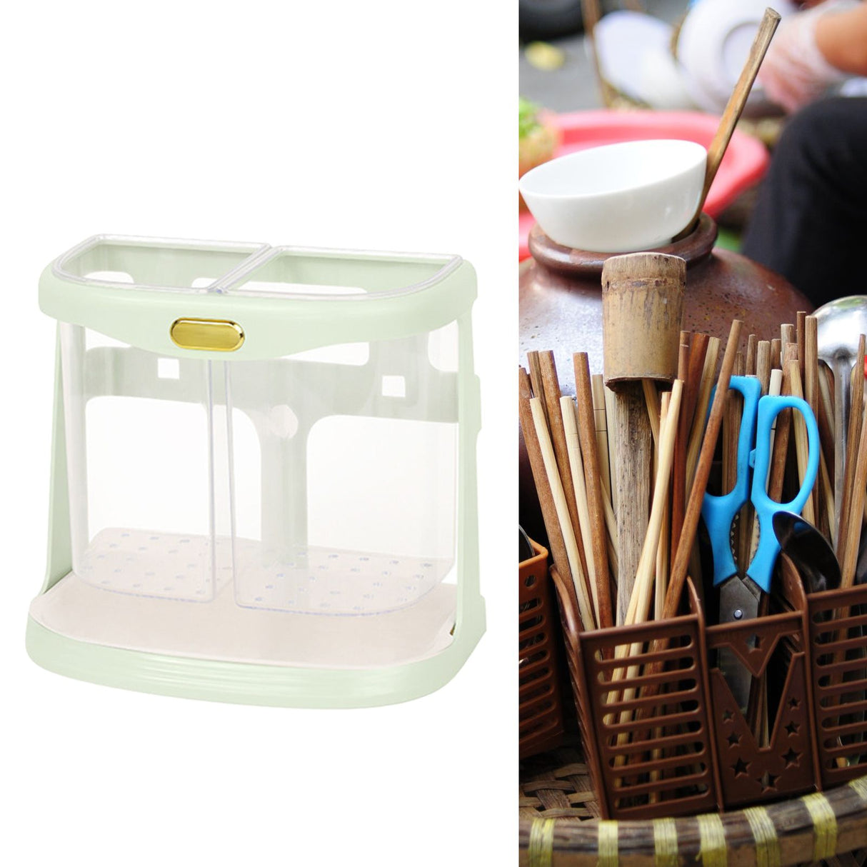 Chopsticks Drain Bucket Wall Mounted Double Compartment Hole Free Chopsticks Tube Basket for Forks Spoon Light Green