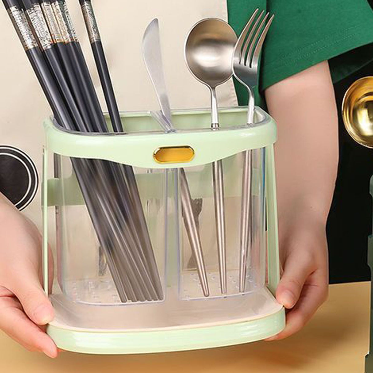 Chopsticks Drain Bucket Wall Mounted Double Compartment Hole Free Chopsticks Tube Basket for Forks Spoon Light Green