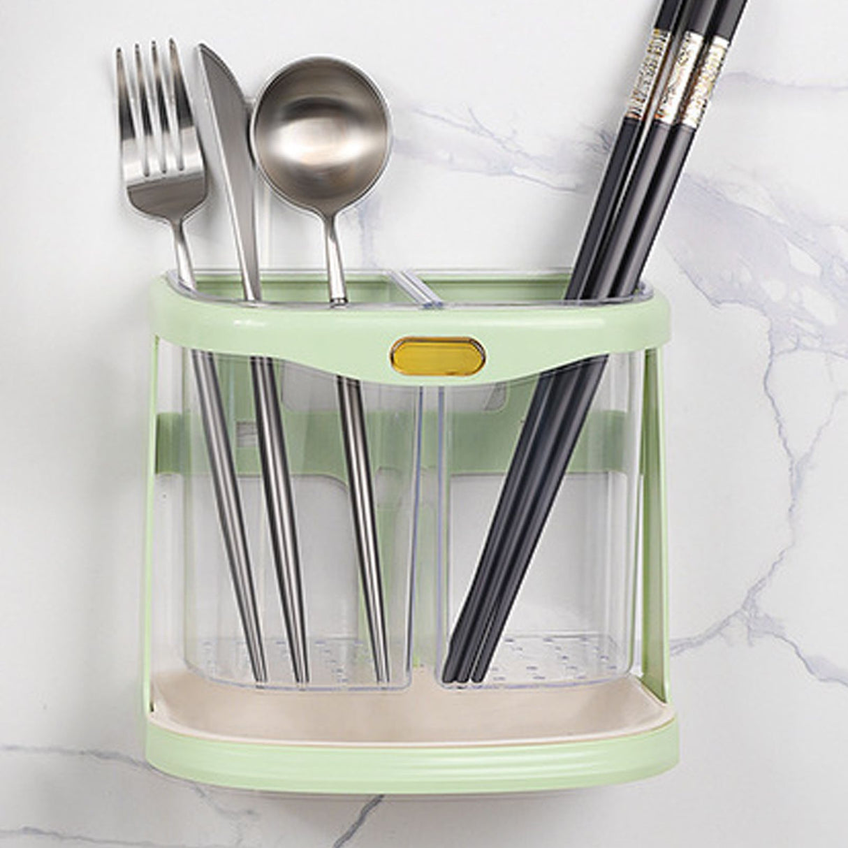 Chopsticks Drain Bucket Wall Mounted Double Compartment Hole Free Chopsticks Tube Basket for Forks Spoon Light Green