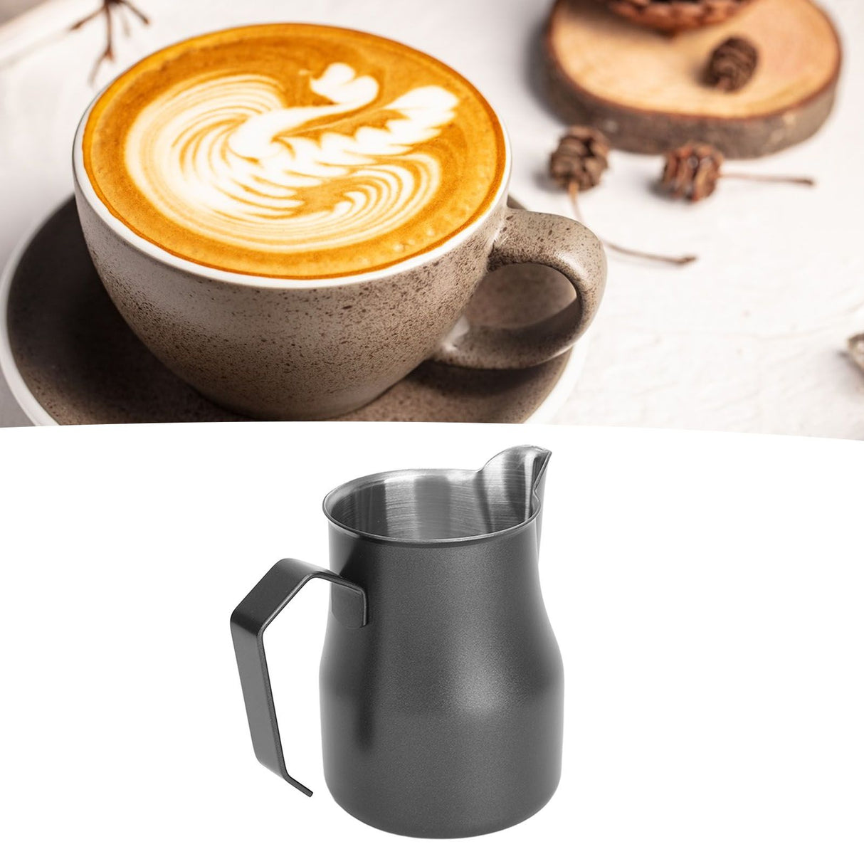 Milk Frothing Pitcher Coffee Steaming Pitcher 304 Stainless Steel Coffee Milk Cup Milk Frother Cup Olecranon Type Outlet Black 350ML