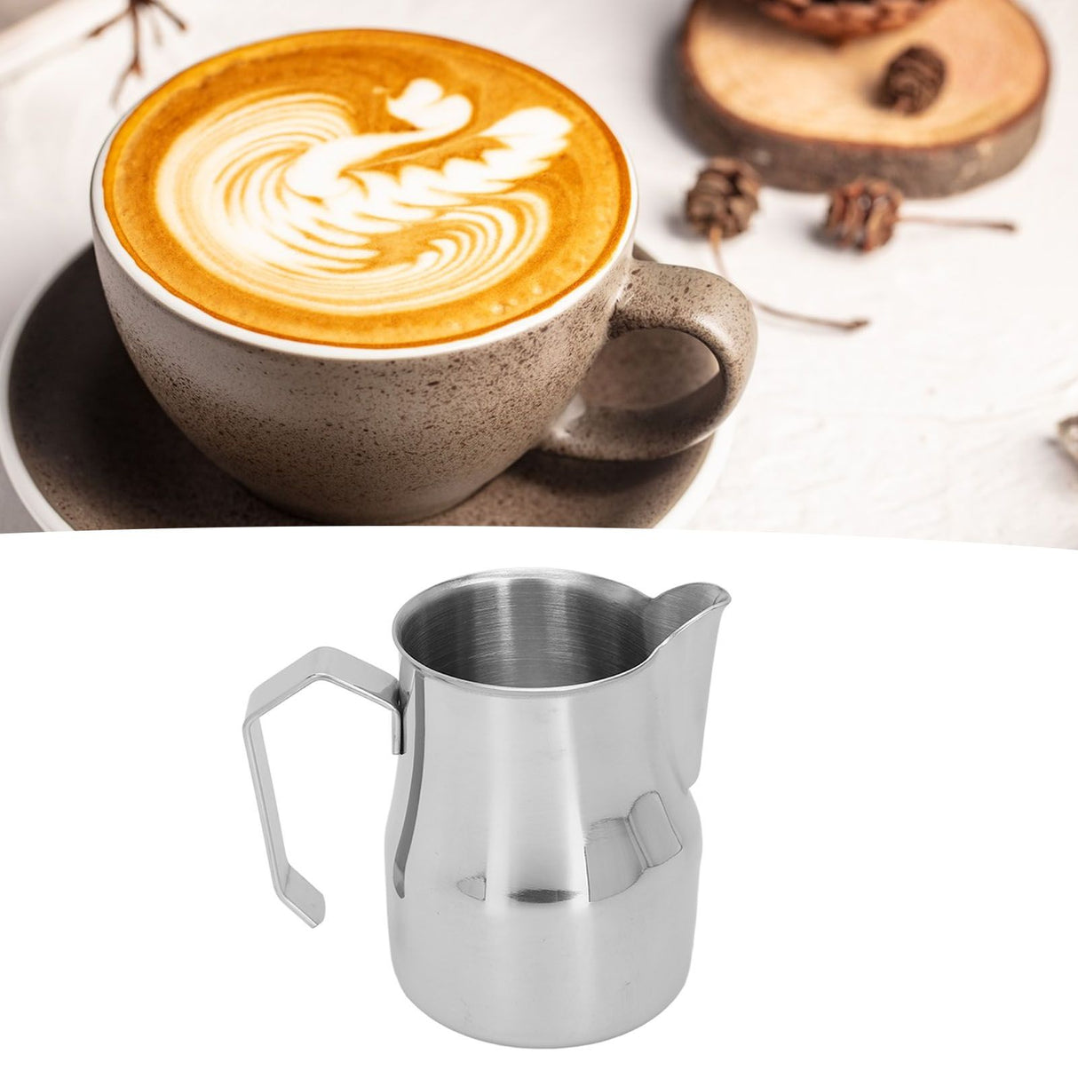 Milk Frothing Pitcher Coffee Steaming Pitcher 304 Stainless Steel Coffee Milk Cup Milk Frother Cup Olecranon Type Outlet Silver 350ML
