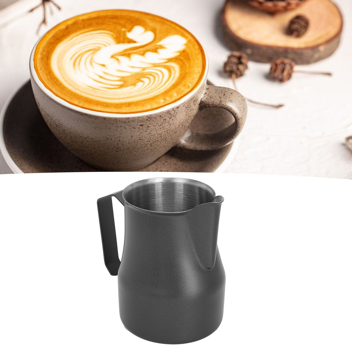 Milk Frothing Pitcher Coffee Steaming Pitcher 304 Stainless Steel Coffee Milk Cup Milk Frother Cup Olecranon Type Outlet Black 450ML