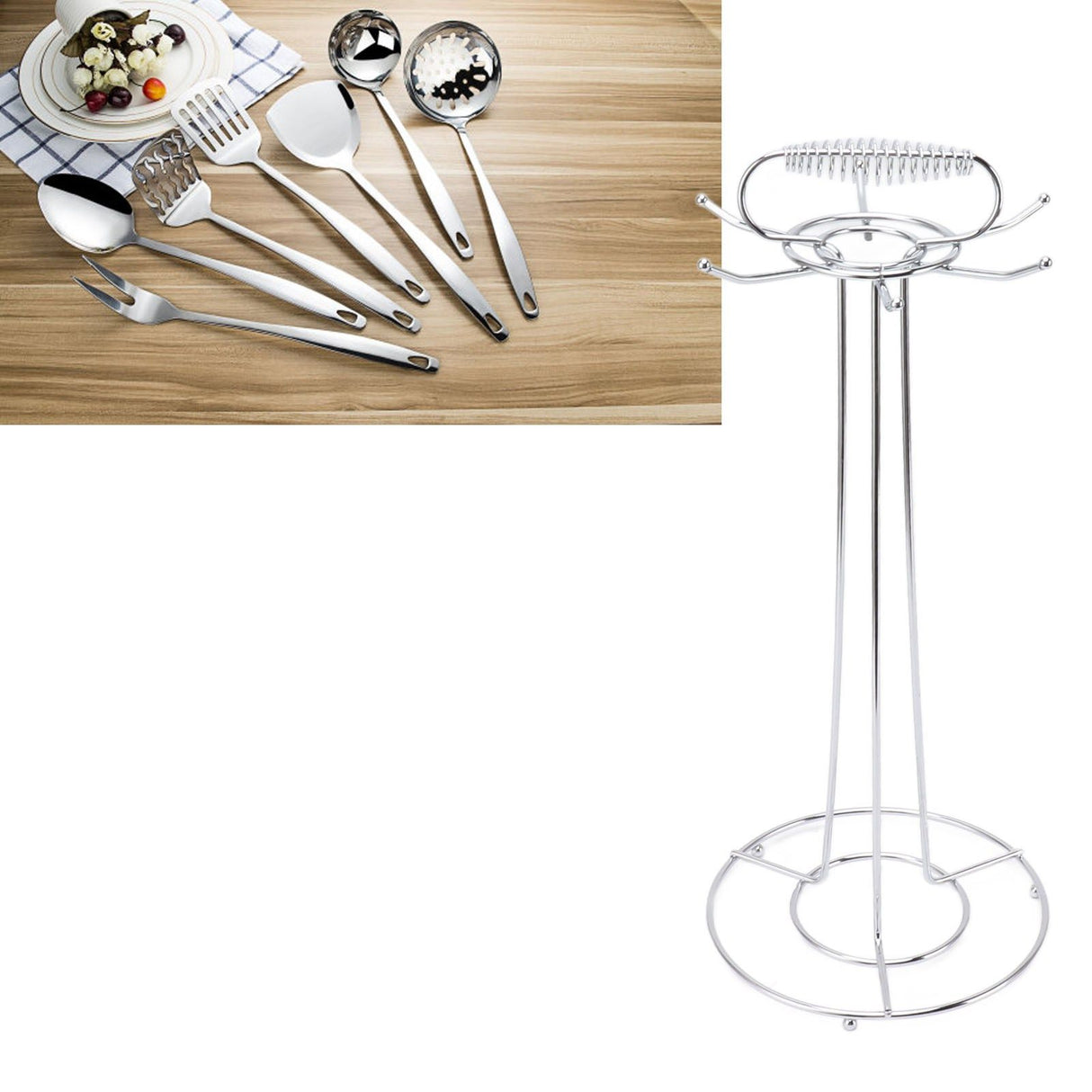 Cooking Utensils Holder Stainless Steel Multifunctional Kitchen Countertop Cooking Utensil Hanging Organizer Rack for Spoon Spatula Soup Ladle Type 2