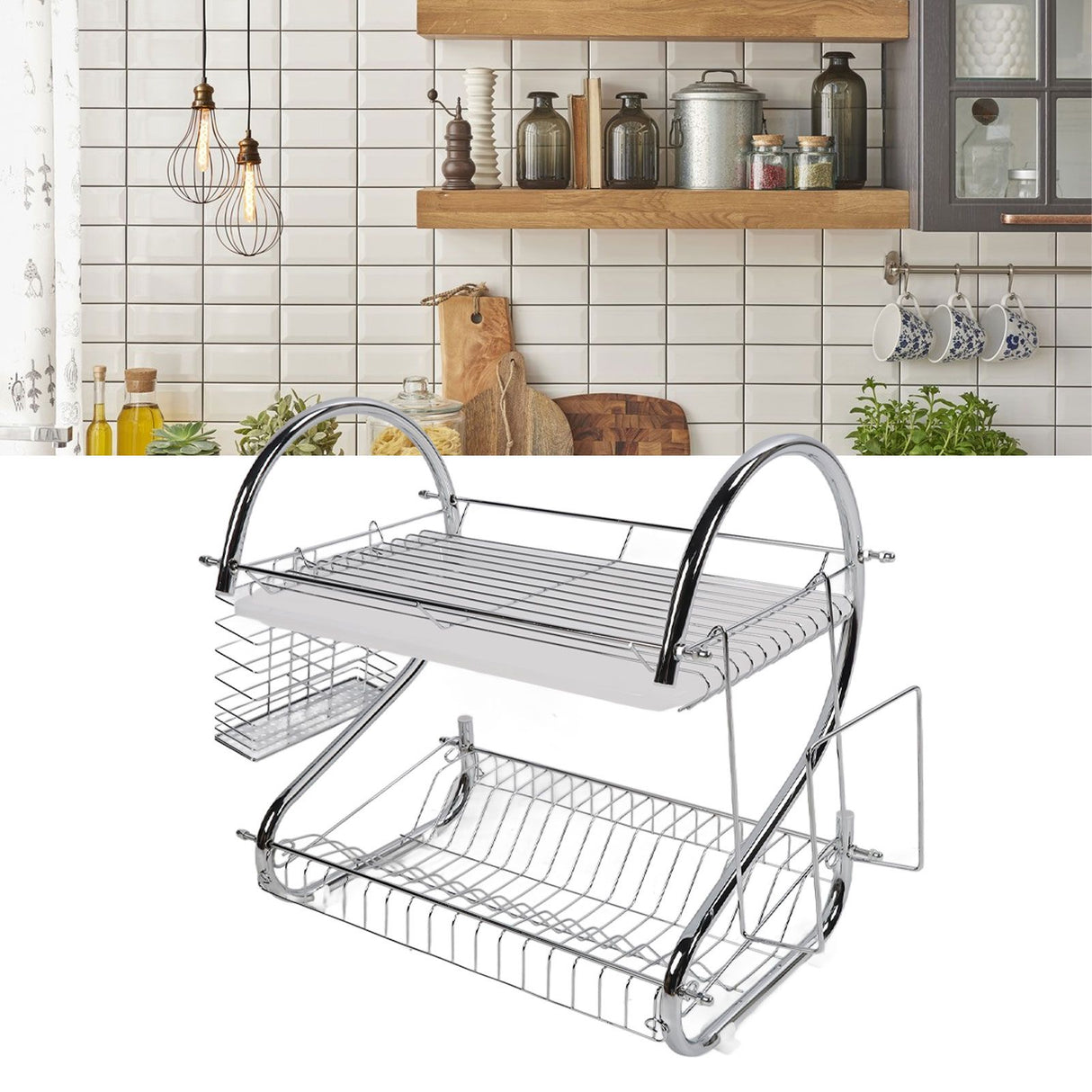 Dish Rack 2 Tier Bowl Dish Drainer Neat Organization Rust Prevention Kitchen Drying Rack Cutting Board Style