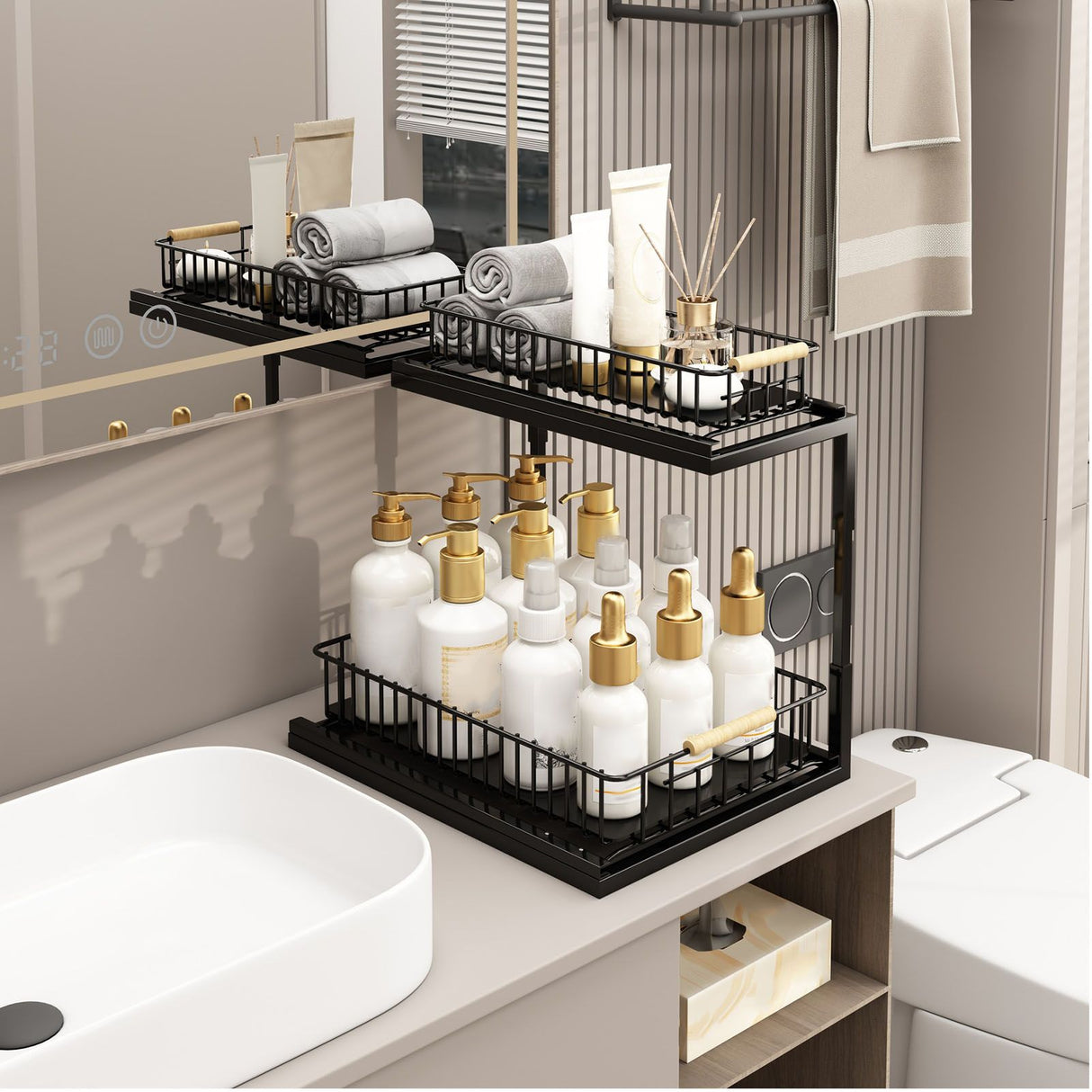 Under Sink Cabinet Shelf Multifunctional Slide Out Double Layer Spice Drawer Storage Sink Shelf for Bathroom Kitchen Black