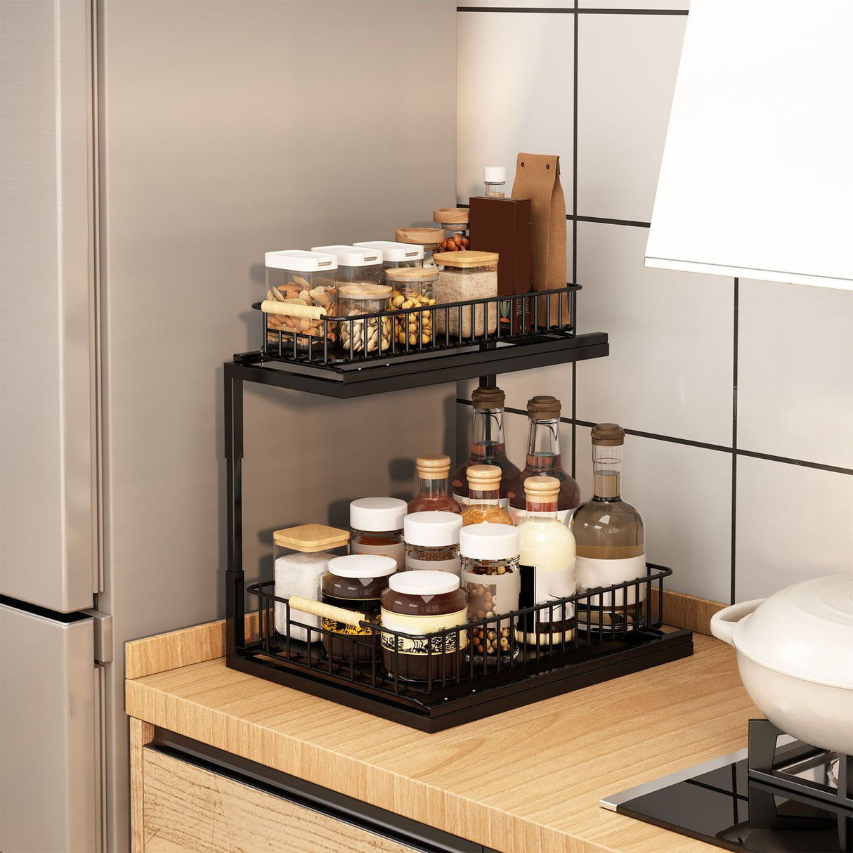 Under Sink Cabinet Shelf Multifunctional Slide Out Double Layer Spice Drawer Storage Sink Shelf for Bathroom Kitchen Black