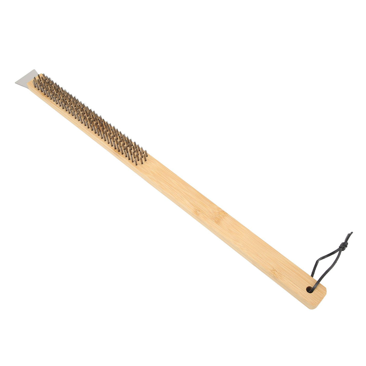 Pizza Oven Brush with Hanging Hole Bamboo Handle Wire BBQ Grill Cleaning Brush with Scraper