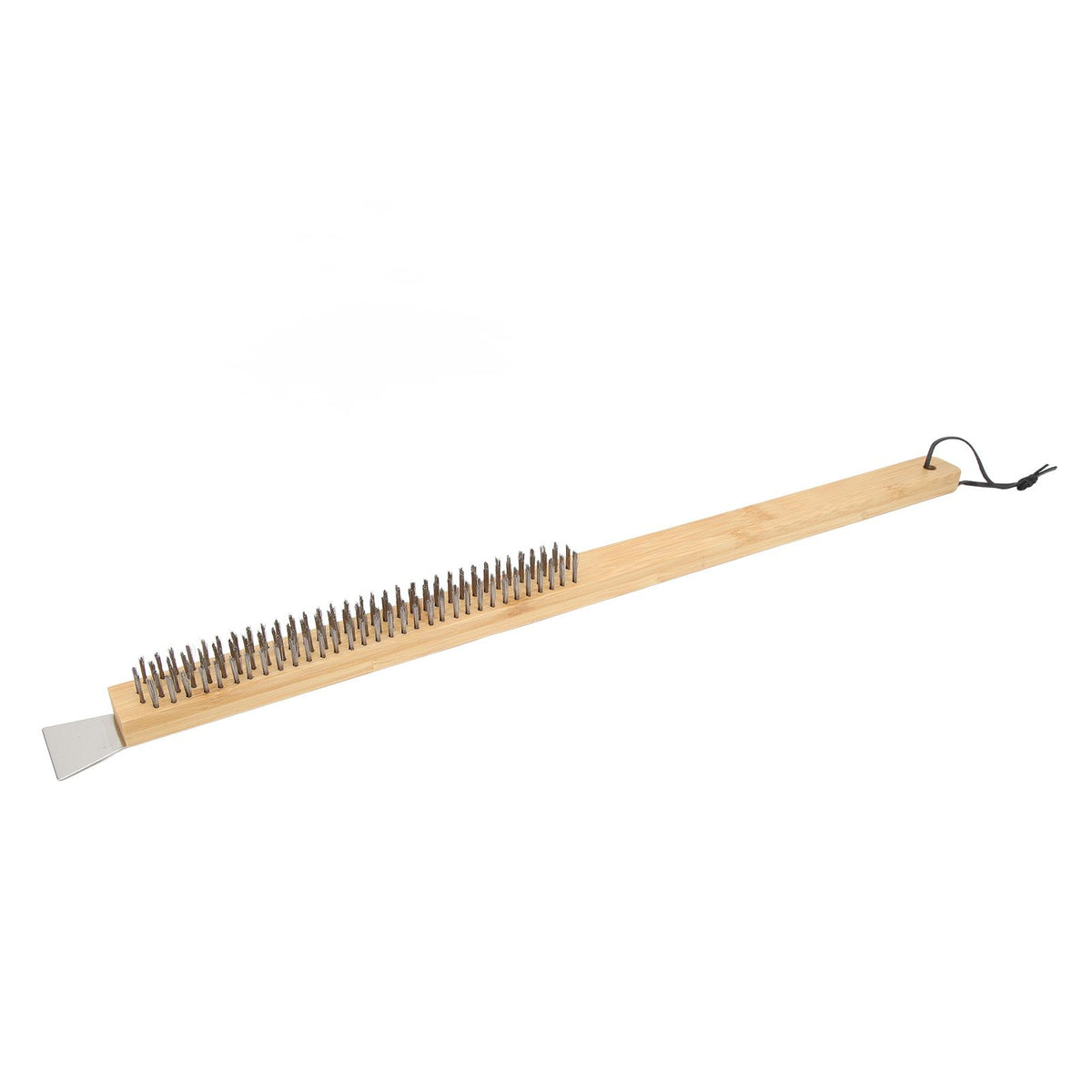 Pizza Oven Brush with Hanging Hole Bamboo Handle Wire BBQ Grill Cleaning Brush with Scraper