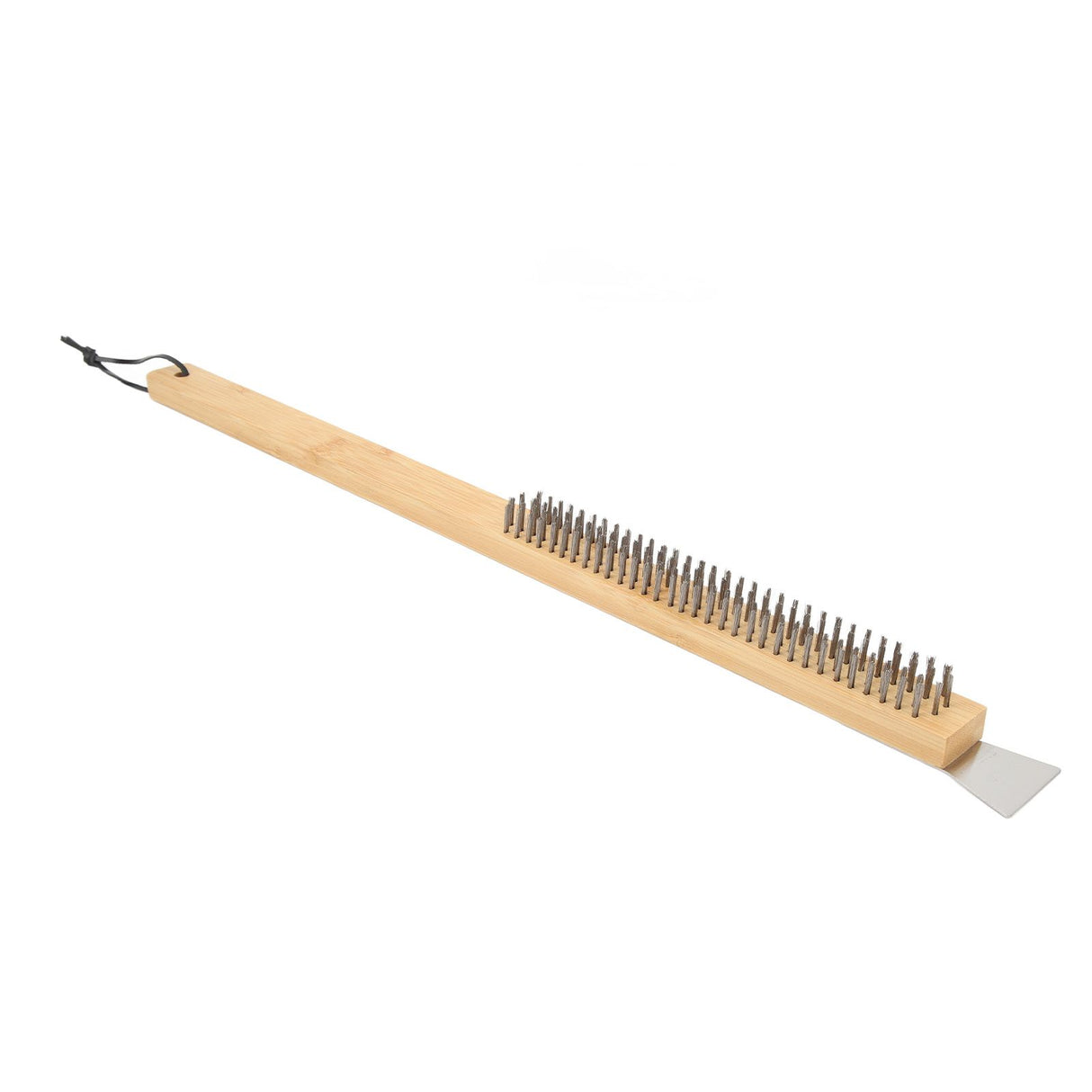 Pizza Oven Brush with Hanging Hole Bamboo Handle Wire BBQ Grill Cleaning Brush with Scraper