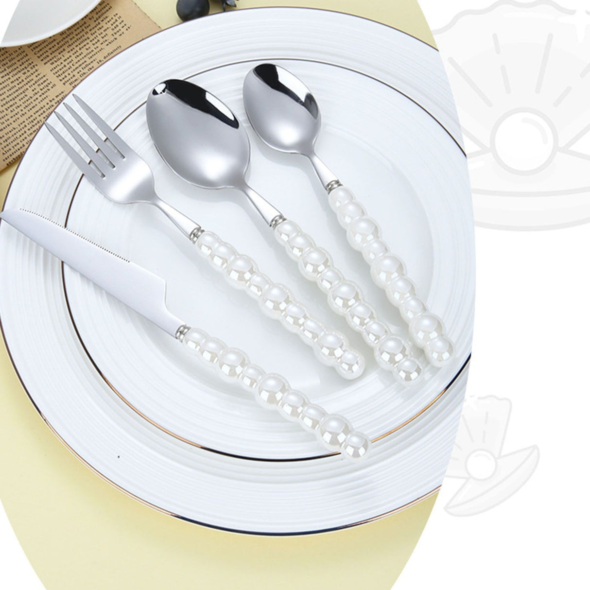 Flatware Cutlery Set Spoons Forks Knifes Utensils Tableware Sets with Ceramic Pearl Handles for Home Restaurant Hotel