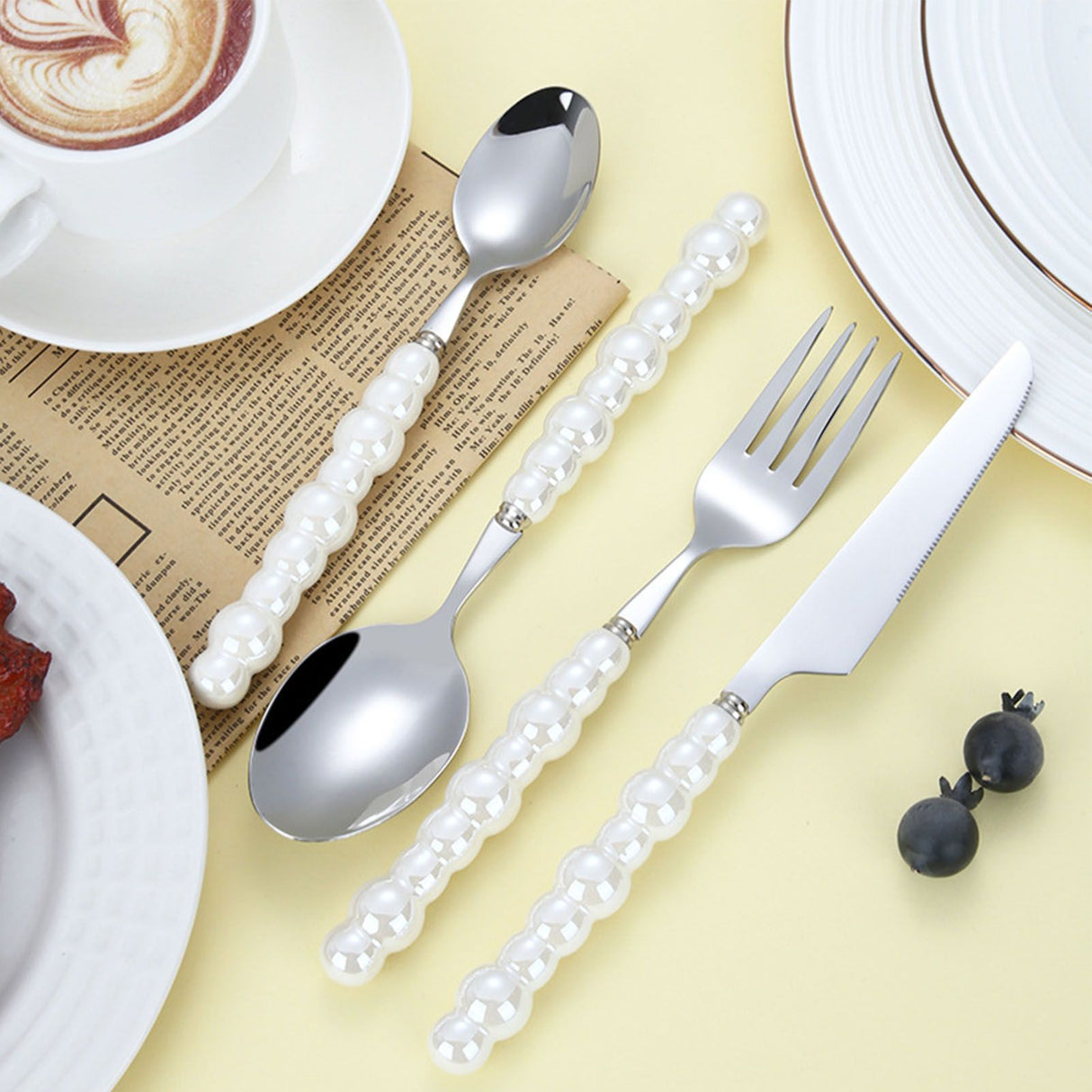 Flatware Cutlery Set Spoons Forks Knifes Utensils Tableware Sets with Ceramic Pearl Handles for Home Restaurant Hotel