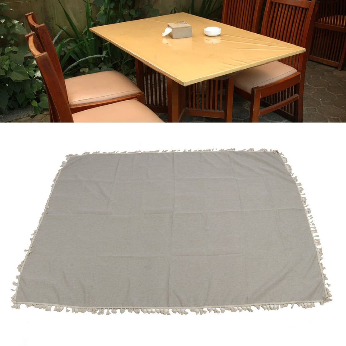 Rectangle Tablecloth Polyester Fiber Decorative Table Cover with Tassel Lace for Home Restaurant Hotel Beige Gray 140x180cm/55.1x70.9in