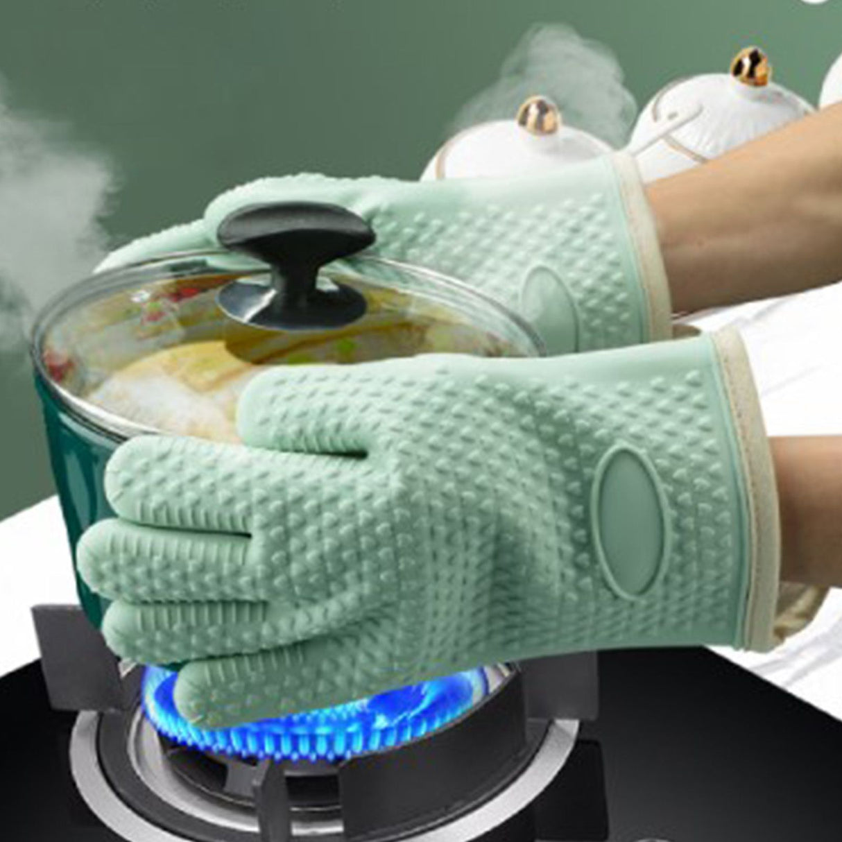 Thickened Silicone Anti Scalding Oven Glove Heat Resistant Silicone Cooking Glove for Microwave Oven Toaster Mint Green