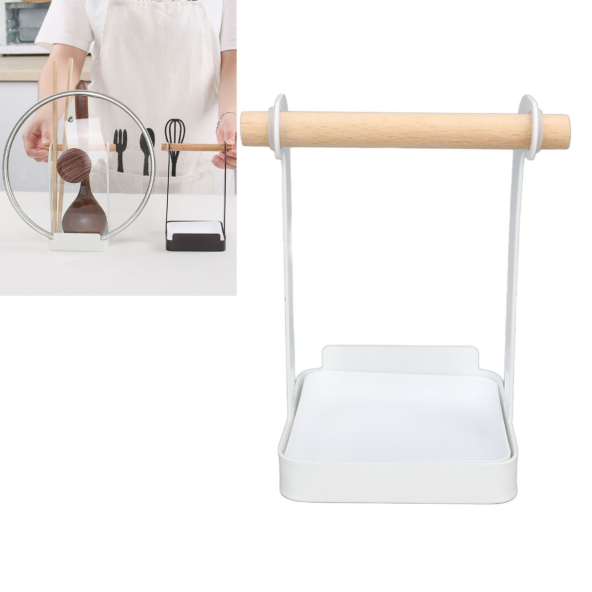 Pot Lid Holder Rack Multifunction Prevent Slip Iron Basin Wood Rack Cooking Tool Spatula Stand Kitchen Organizer White