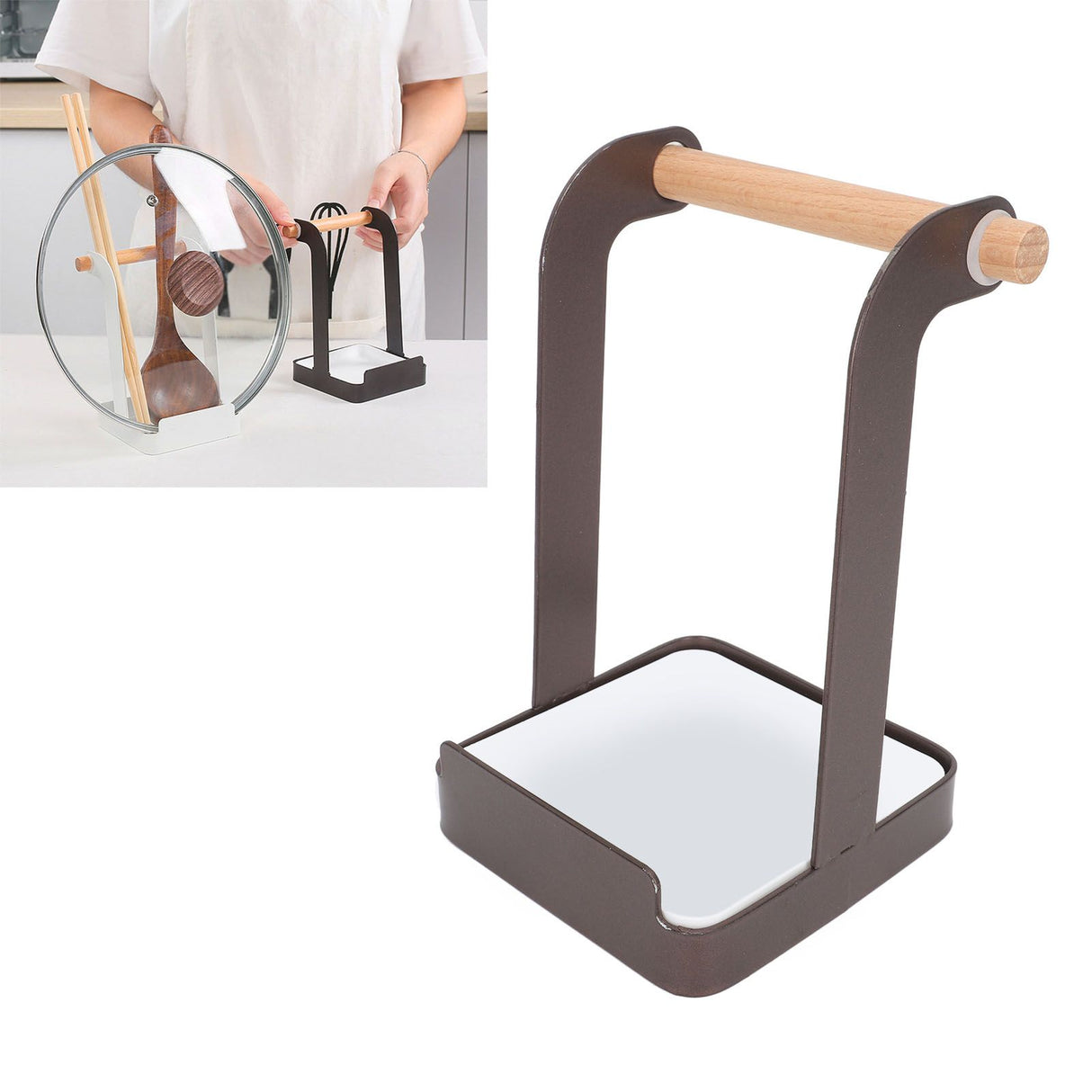 Pot Lid Holder Rack Multifunction Prevent Slip Iron Basin Wood Rack Cooking Tool Spatula Stand Kitchen Organizer Coffee