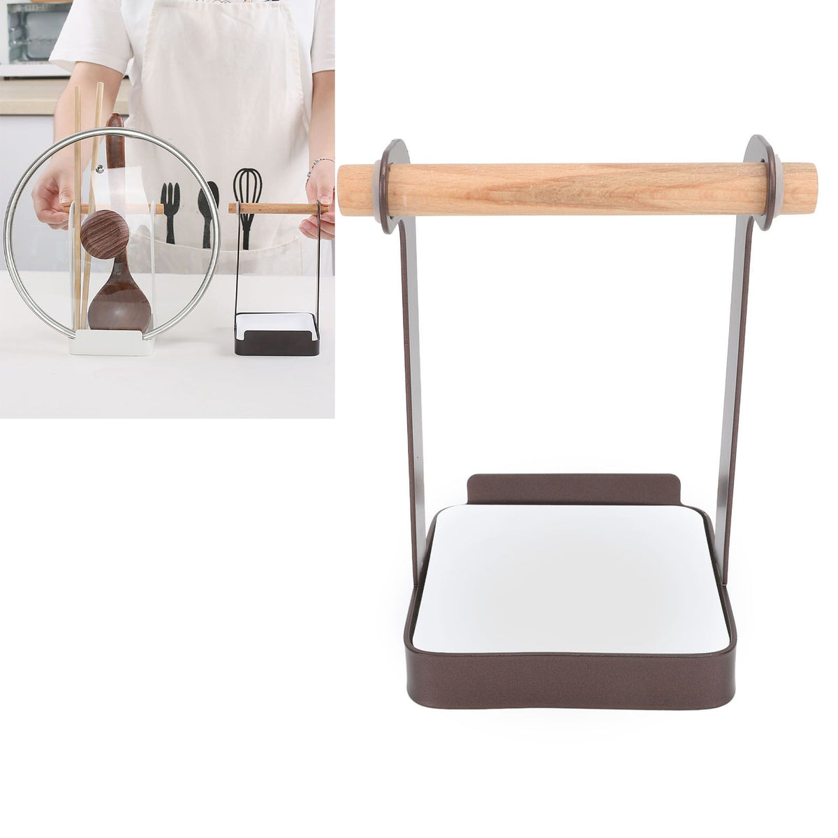 Pot Lid Holder Rack Multifunction Prevent Slip Iron Basin Wood Rack Cooking Tool Spatula Stand Kitchen Organizer Coffee