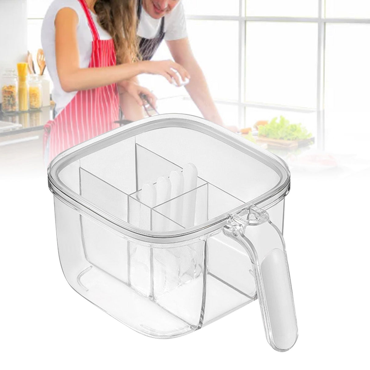 Seasoning Box 4 Compartments Transparent Window Strong PET Seasoning Jar with 4 Spoons for Home Kitchen Cooking White
