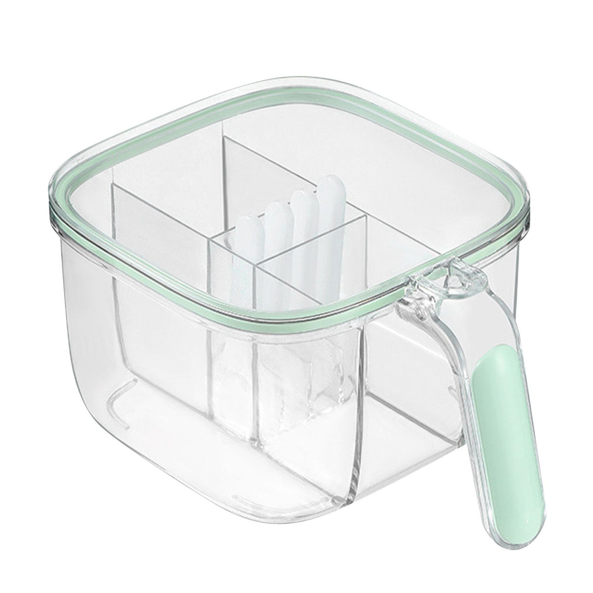 Seasoning Box 4 Compartments Transparent Window Strong PET Seasoning Jar with 4 Spoons for Home Kitchen Cooking Light Green