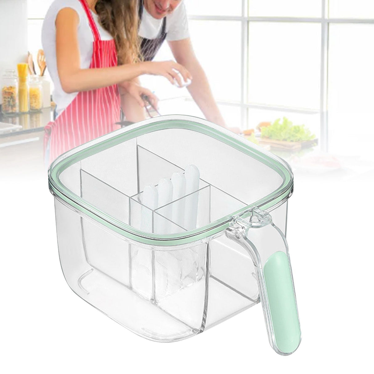 Seasoning Box 4 Compartments Transparent Window Strong PET Seasoning Jar with 4 Spoons for Home Kitchen Cooking Light Green