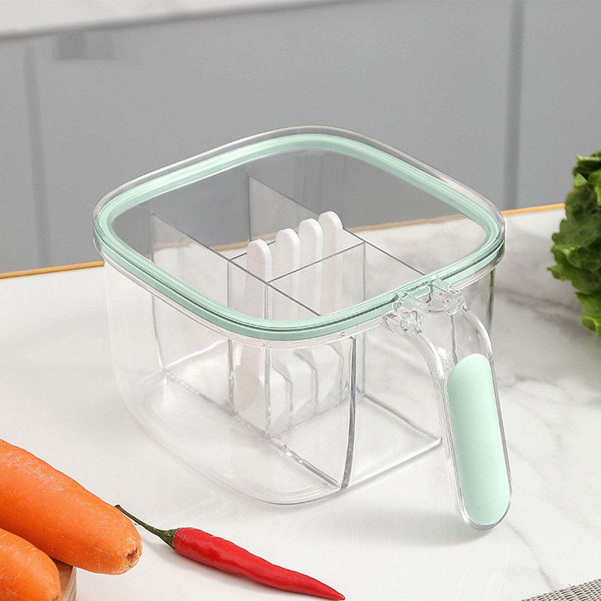 Seasoning Box 4 Compartments Transparent Window Strong PET Seasoning Jar with 4 Spoons for Home Kitchen Cooking Light Green